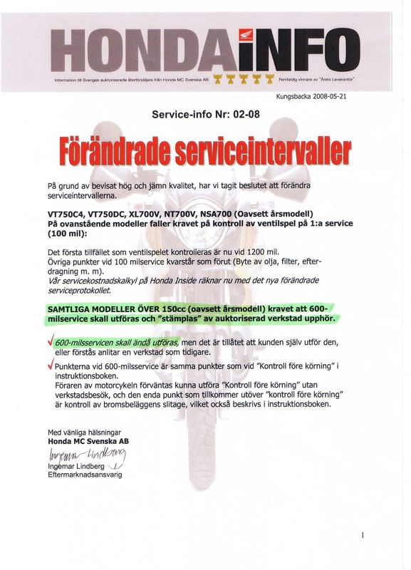 FÃ¶rÃ¤ndrade serviceintervaller - 2008
